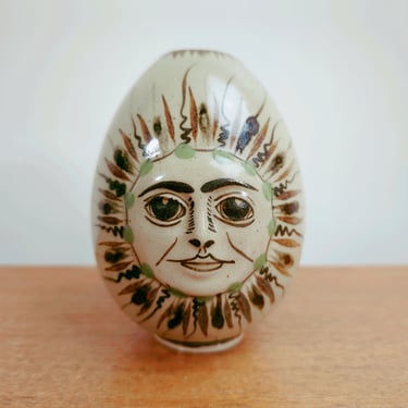 Vintage Tonala Egg Shape Vase | Carlos Villanueva | Sun Face Floral Back | Mexico 