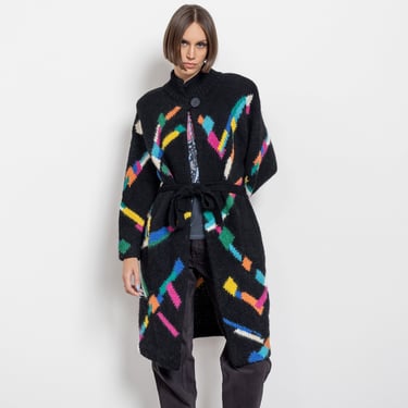 BLACK MOHAIR CARDIGAN Vintage Long Shirt Dress Knit Geometric Rainbow Sweater 90's / Medium 