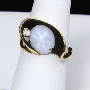 Vintage 14k Gold Modernist Star Sapphire Ring With Diamond Signed JWC Size 6.75 