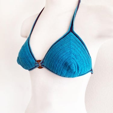 1990's Hollister Blue Crochet Triangle Bra Top, Bathing Suit Top, Vintage, NEW, Boho, LARGE size, Hippie, Bells, Swim Suit, Sun Top Shirt 