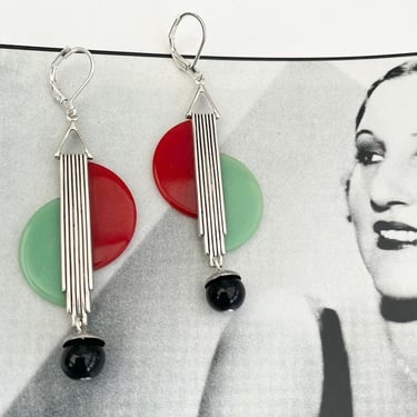 Art deco earrings Vintage Eau de Nil , Red  & Black bakelite earrings Geometric 1930s drop Statement  modernist earrings by BakeliteBa