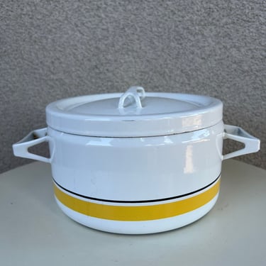 Vintage MCM Finel Arabia Finland Casserole Cookware Pot White Enamel Yellow Black Stripe 