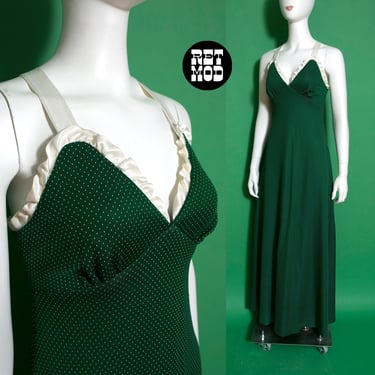 Sexy Vintage 70s Green Polka Dot Halter Maxi Dress with Satin Straps 