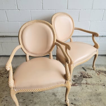 Pair of Hollywood Regency Style Carved Rope Arm Chairs