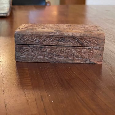 Antique Hand Carved Wood Stamp Box with Floral Design