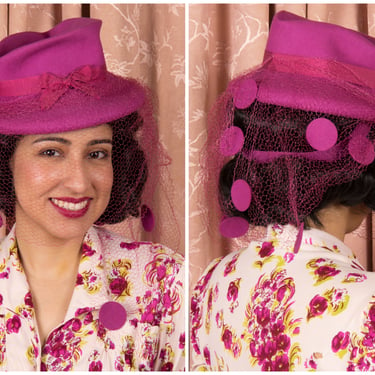 1940s Hat  - Outrageous and Bold Vintage 40s Statement Tilt Hat in Vibrant Fuchsia with Felt Dotted Net Veil 