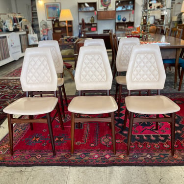 Mid Century Teak & Diamond Pattern Back Dining Chairs