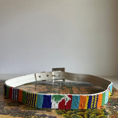 Vintage White Leather Hand Beaded Belt from Guatemala with Silver Buckle 