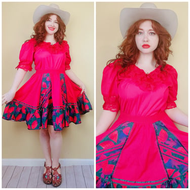 1980s Vintage Partners Please Hot Pink Square Dance Set / 80s Ruffled Floral Southwestern Lace Skirt and Blouse / Medium - XL 