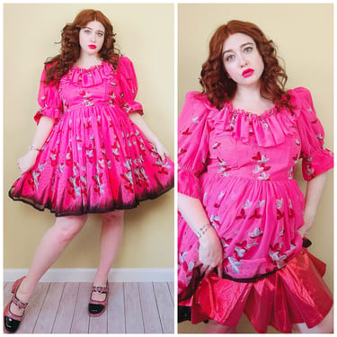 1980s Vintage Pink Floral Puffed Sleeve Western Dress / 80s Metallic Petticoat Ruffled Square Dance Dress / Medium - Large 