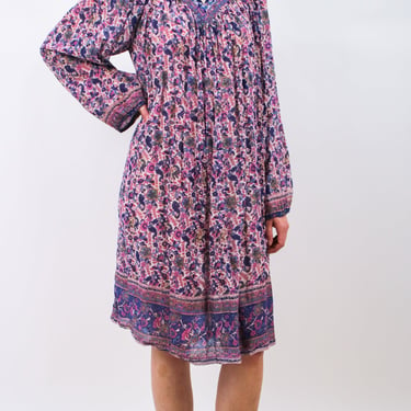 1970s Blue and Purple Floral Indian Cotton Tent Dress