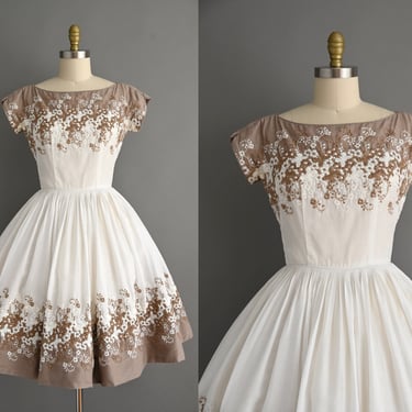 vintage 1950s Dress | Floral Embroidered Cotton Sweeping Full Skirt Dress | Small 