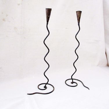 Vintage Tall Squiggle Metal Wire Taper Candlestick Holders - Whimsy Goth Avant Garde Decor 