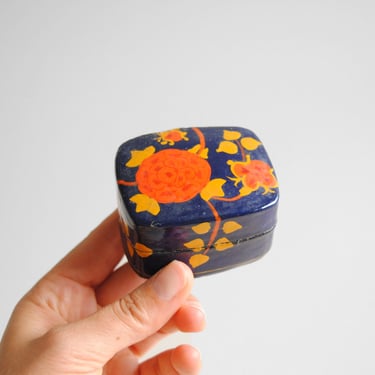 Vintage Small Lacquered Box with Hand Painted Floral Design, India Paper Mache Floral Painted Box 