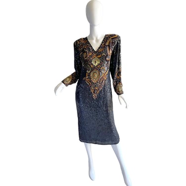 80s Vintage Sequin Beaded Dress / Silk Pearls Jeweled Couture Dress / 1980s Disco Cocktail Dress Large 