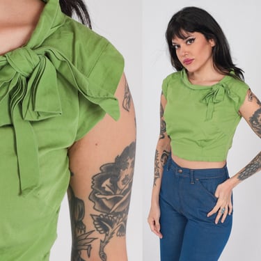 Green Crop Top 60s Shirt Necktie Bow Blouse Jackie O Retro Ascot Pussy Bow Cap Sleeve Cropped Blouse Button Back Cotton Vintage 1960s Small 