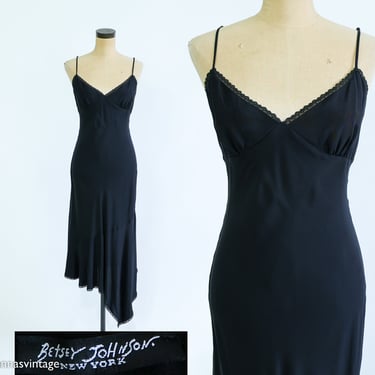 Betsey Johnson | 1990s Black Slip Dress | 1990s Black Crepe Slip Dress | Black Asymmetrical Dress | Betsey Johnson | Size 8 