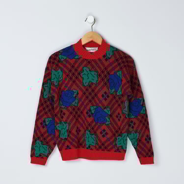 Vintage 1980s Diane von Furstenberg Graphic Sweater - eighties, red, blue, roses, flowers, pullover, notch neck, made in usa - Women's M 
