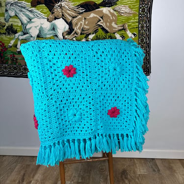 Vintage Huge Hand Crocheted Blanket Turquoise with Red and Turquoise Puff Flowers Queen / King 