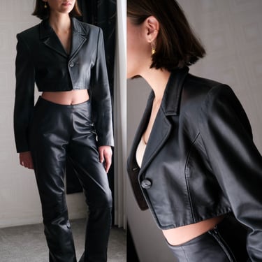 Vintage 90s MICHAEL HOBAN Black Lambskin Leather Ultra Cropped Blazer & Matching Pant Set | Made in Hong Kong | 1990s Designer Suit 