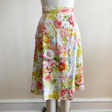 Textured Cotton Floral Print Midi Skirt - 1970s 