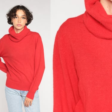 Red Turtleneck Sweater 90s Wool Angora Blend Knit Sweater  Retro Basic Plain Pullover Slouchy Cozy Jumper Vintage 1990s Anne Klein Large L 