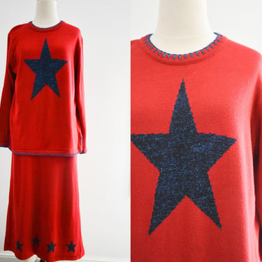 1990s Red Sweater and Skirt Set with Stars 