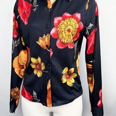 70's Poppy Print Polyester Shirt Blouse 1970's Disco Hippie Ossie Clark style Vintage Black Floral Top, Button down 