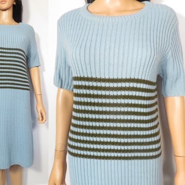 Vintage 60s Mod Ribbed Knit Sweater Dress Blue With Olive Green Stripes Size S/M 