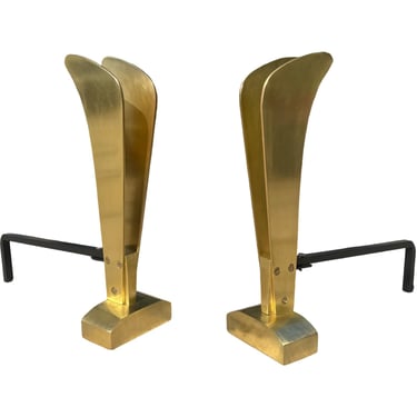 Pair Vintage 1940s art deco machine age  Solid  Brass Andirons / Chenets Fireplace Log Holder attributed to Donald deskey 
