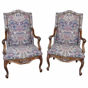 Beautifully Carved Pair Tall Walnut Louis XV Style Tapestry Arm chairs Armchairs