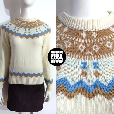 Sweet Vintage 70s 80s Blue Beige Off-White Nordic Style Pullover Sweater 