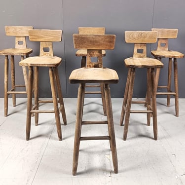 Set of 6 vintage brutalist bar stools, 1960s - mid century bar stools - rustic bar stools - wooden bar stools 