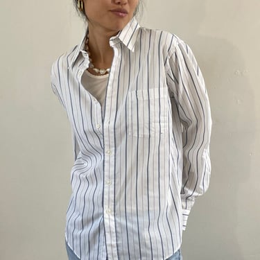 80s Dior button down shirt / vintage Christian Dior Monsieur white cotton pinstripe oversized mens boyfriend monogram shirt | Large 