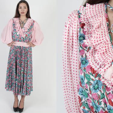 Vintage 80s Diane Freis Dress, Dress Bright Floral Deep V Dress, Colorful Tassel Tie Smocked Maxi 