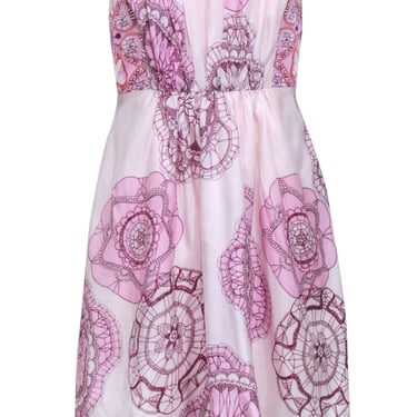 Tibi - Pastel Pink Strapless Silk Dress w/ Pink & Purple Prints Sz 4