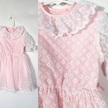 Vintage 70s Kids Pink Dress With Lace Overlay Size 5 