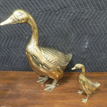 Brass Figures | Mid Century Brass Goose and Gosling Vintage Life Size Heavy Mother & Baby Duck 