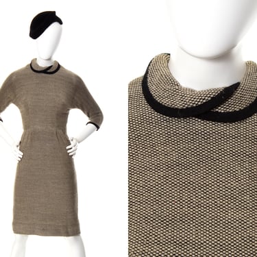Vintage 1950s Dress | 50s Woven Wool Black Cream Petal Collar Three Quarter Sleeve Day to Evening Wiggle Sheath Dress (x-small) 