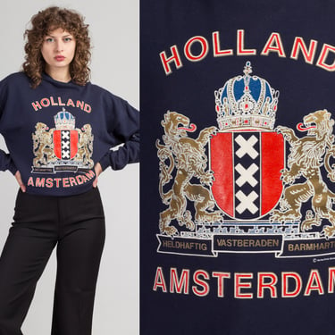 80s Amsterdam Coat Of Arms Of Sweatshirt - Men's Large | Vintage Unisex Navy Blue Holland Tourist Pullover 