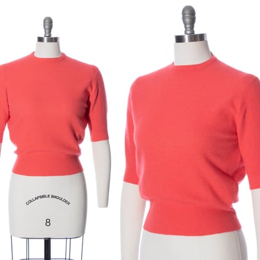 Vintage 1940s 1950s Sweater Top | 40s 50s Salmon Pink Knit Wool Short Sleeve Pullover Sweater (small/medium/large) 