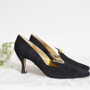 1980s Ornate Black and Gold Heels - 8.5N 