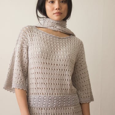 1970s Does 1930s Dove Gray Hand Crocheted Scarf Collar Dress 
