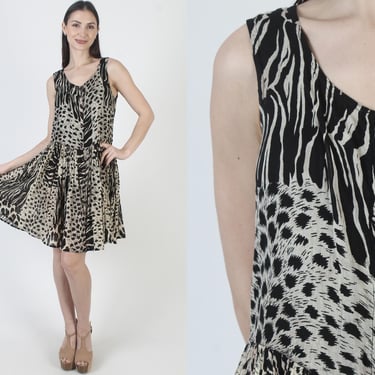 Animal Print Gauze Dress, 90s Spotted Leopard, Y2K Grunge Sundress, Button Up 