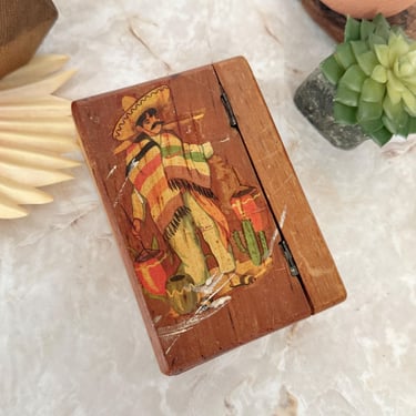 Rustic Wood Box, Mexico Scene, Hand Painted, All Wood Trinket Box, Hinged Lid, Very Old, Vintage Wood Decor 