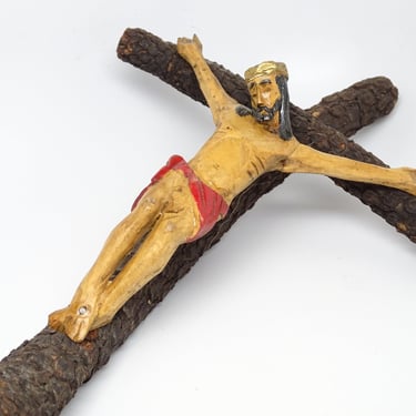 Antique Large Crucifix Jesus Christ on the Cross, Hand Carved Polychrome Santos, Vintage Religious Church Decor 