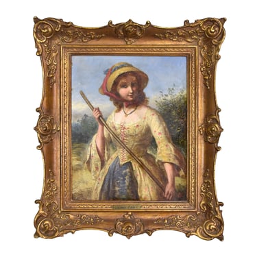 James Cole Antique English 1868 Oil Painting Woman Gardening in Sun Hat 