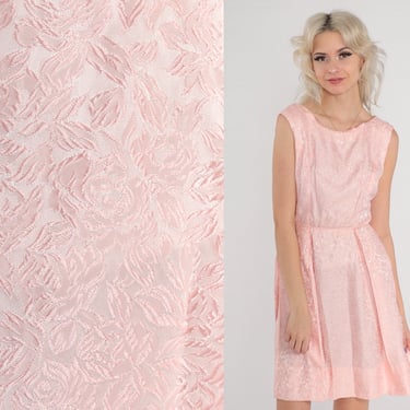 Pink Brocade Dress 60s Party Dress Floral Mini Dress Mod Evening Prom Cocktail Formal Fit and Flare Pleated Sleeveless Vintage 1960s XS 