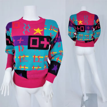 Bold 1980's Pink Turquoise Graphic Print Woven Pull Over Sweater I Sz Sm I Justin Charles 