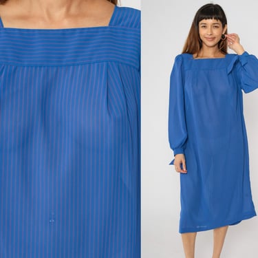 Vintage Blue Sheer Striped Dress 80s Long Puff Sleeve Midi Dress Retro Boho Casual Shift Square Neck 1980s Medium Large 